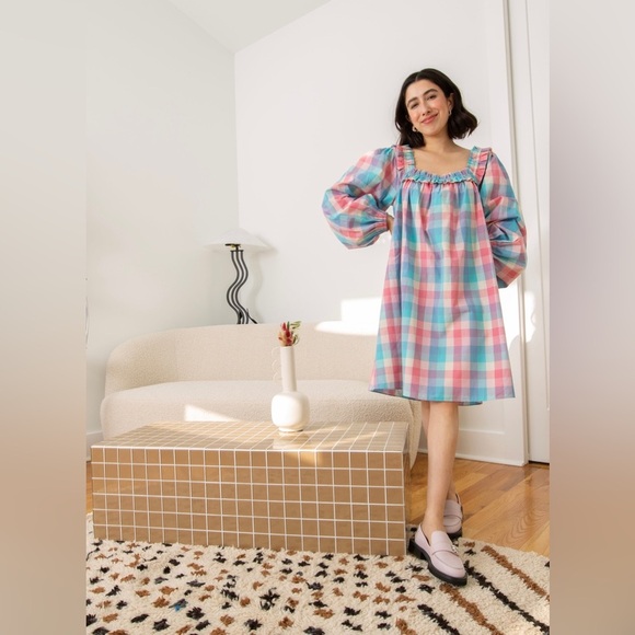 New! Ophelia & Indigo April Dress Pink & Blue Woven Gingham Check 💗 Small NWT! - Picture 2 of 9